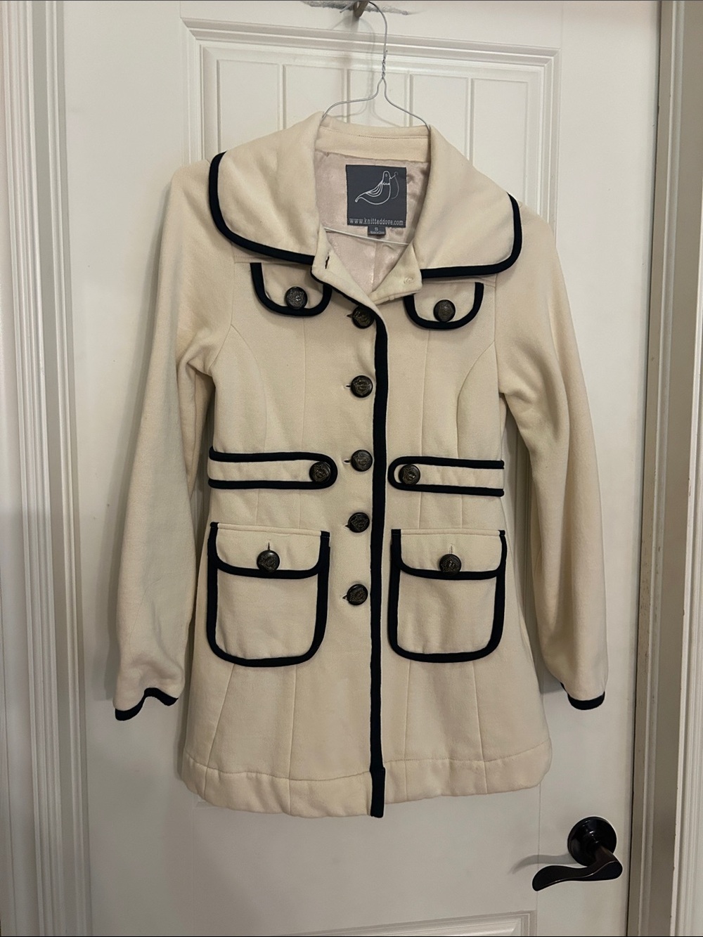 Knitted Dove Classic Cream with navy trim pea coat Coat
